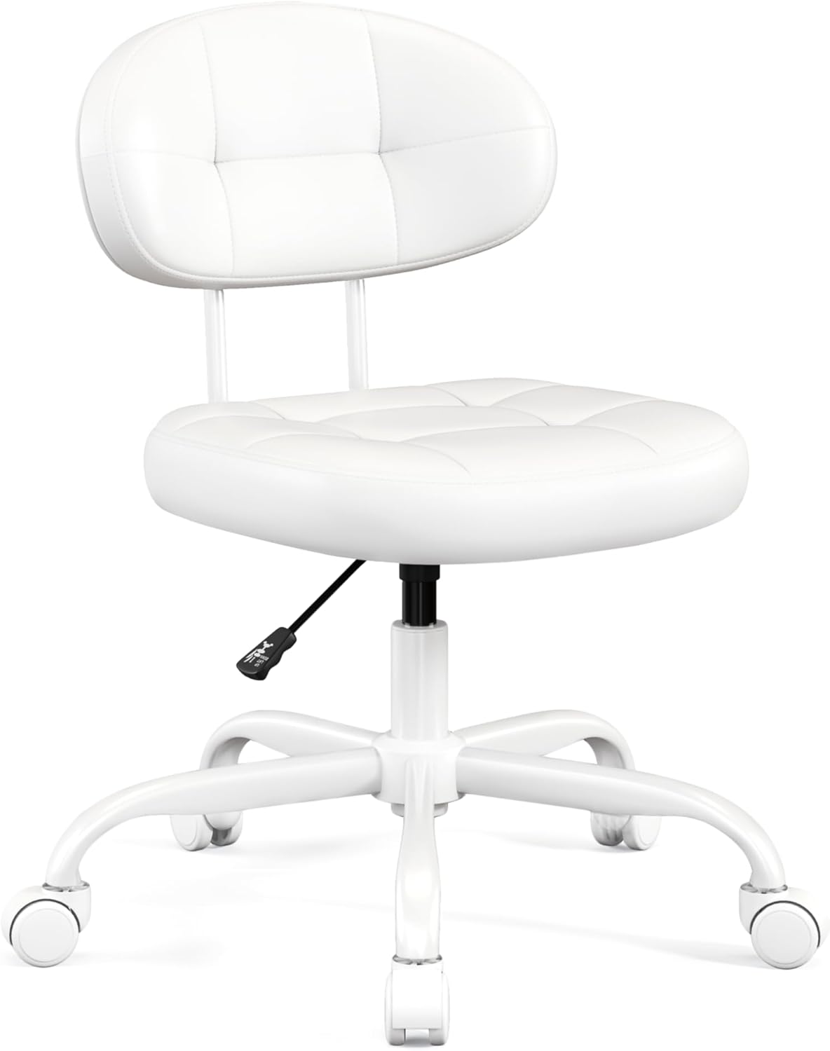 Misolant Vanity Chair with back, Small Armless Cute office Chair with wheels and Lumbar support, Comfy PU Leather Desk Computer Chairs with Adjustable Height, 360°Swivel for Home Bedroom Office, Black