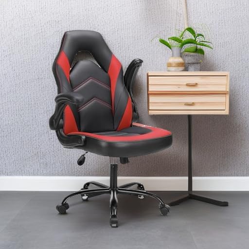 DUMOS Ergonomic Computer Gaming Chair - Home Office Desk with PU Leather Lumbar Support, Height Adjustable Big and Tall Video Game with Flip-up Armrest, Swivel Wheels for Adults and Teens