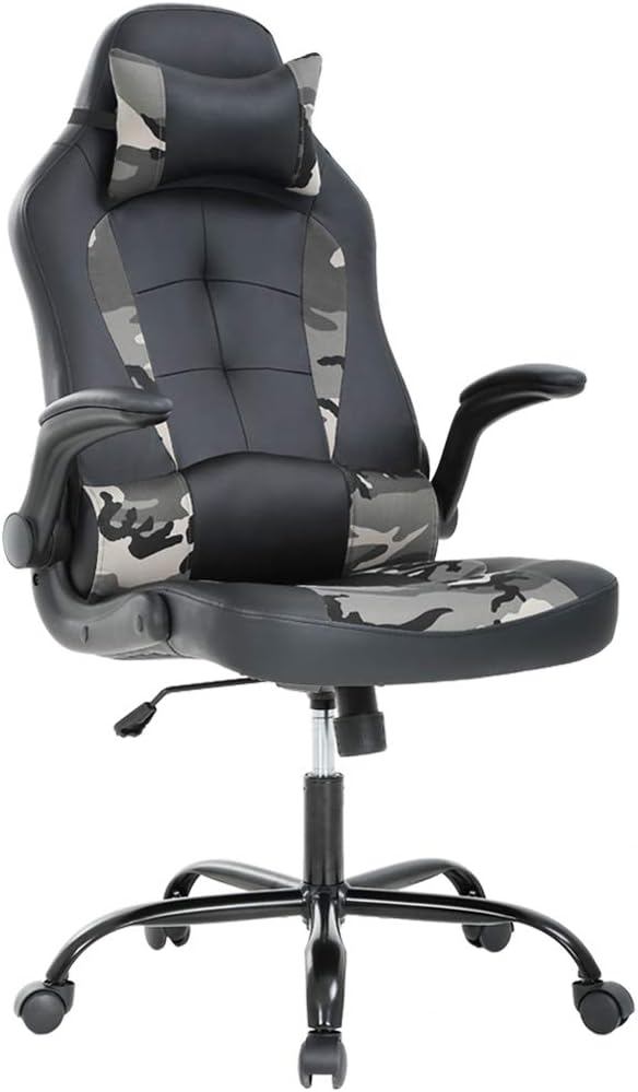 BestOffice PC Gaming Chair Ergonomic Office Chair Desk Chair with Lumbar Support Flip Up Arms Headrest PU Leather Executive High Back Computer Chair for Adults Women Men (White)