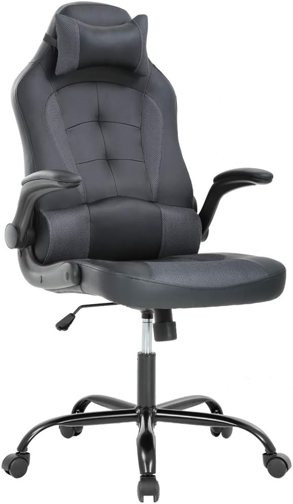 BestOffice PC Gaming Chair Ergonomic Office Chair Desk Chair with Lumbar Support Flip Up Arms Headrest PU Leather Executive High Back Computer Chair for Adults Women Men (White)