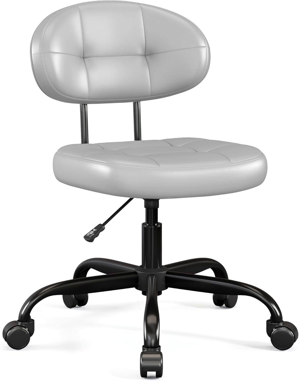 Misolant Vanity Chair with back, Small Armless Cute office Chair with wheels and Lumbar support, Comfy PU Leather Desk Computer Chairs with Adjustable Height, 360°Swivel for Home Bedroom Office, Black