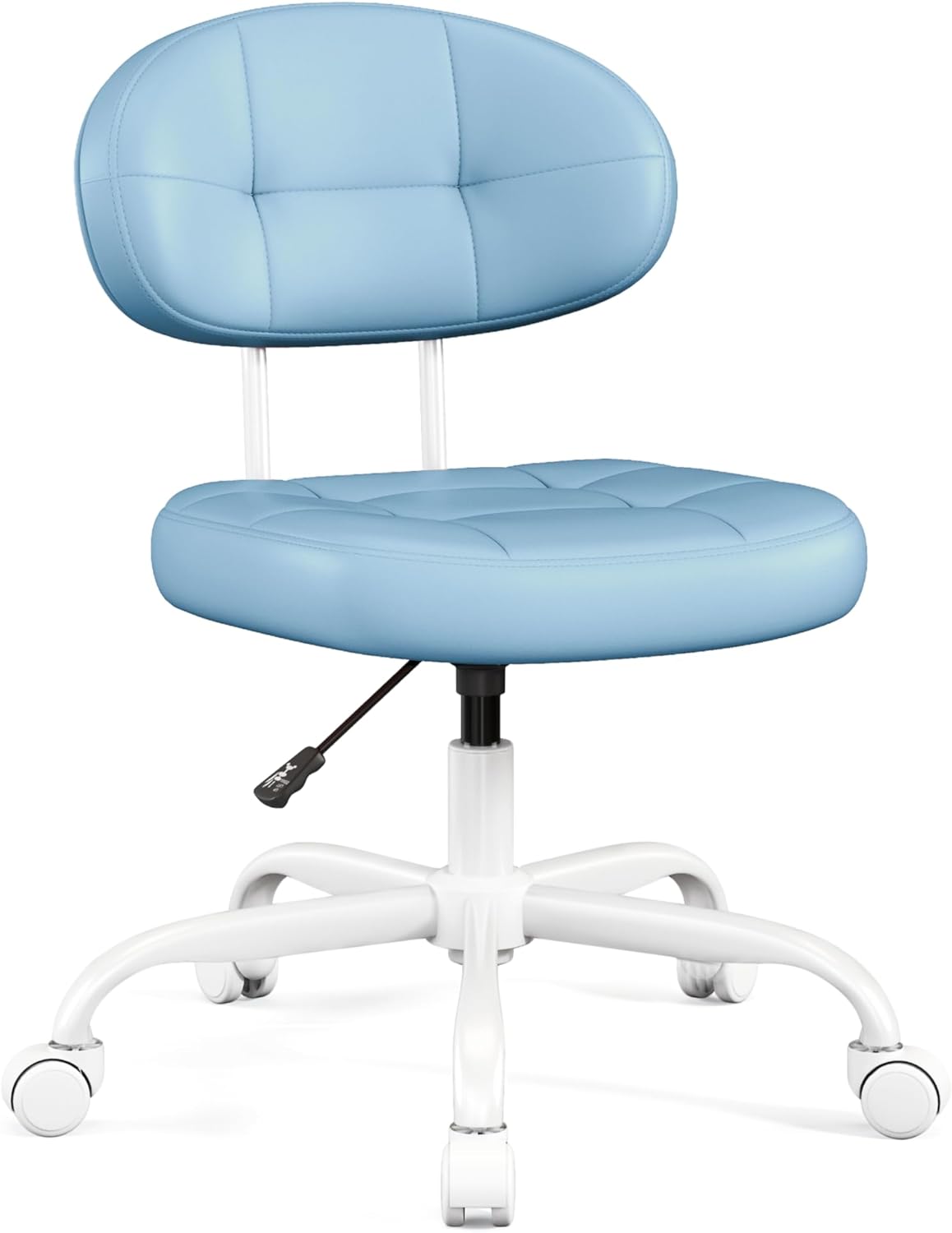 Misolant Vanity Chair with back, Small Armless Cute office Chair with wheels and Lumbar support, Comfy PU Leather Desk Computer Chairs with Adjustable Height, 360°Swivel for Home Bedroom Office, Black