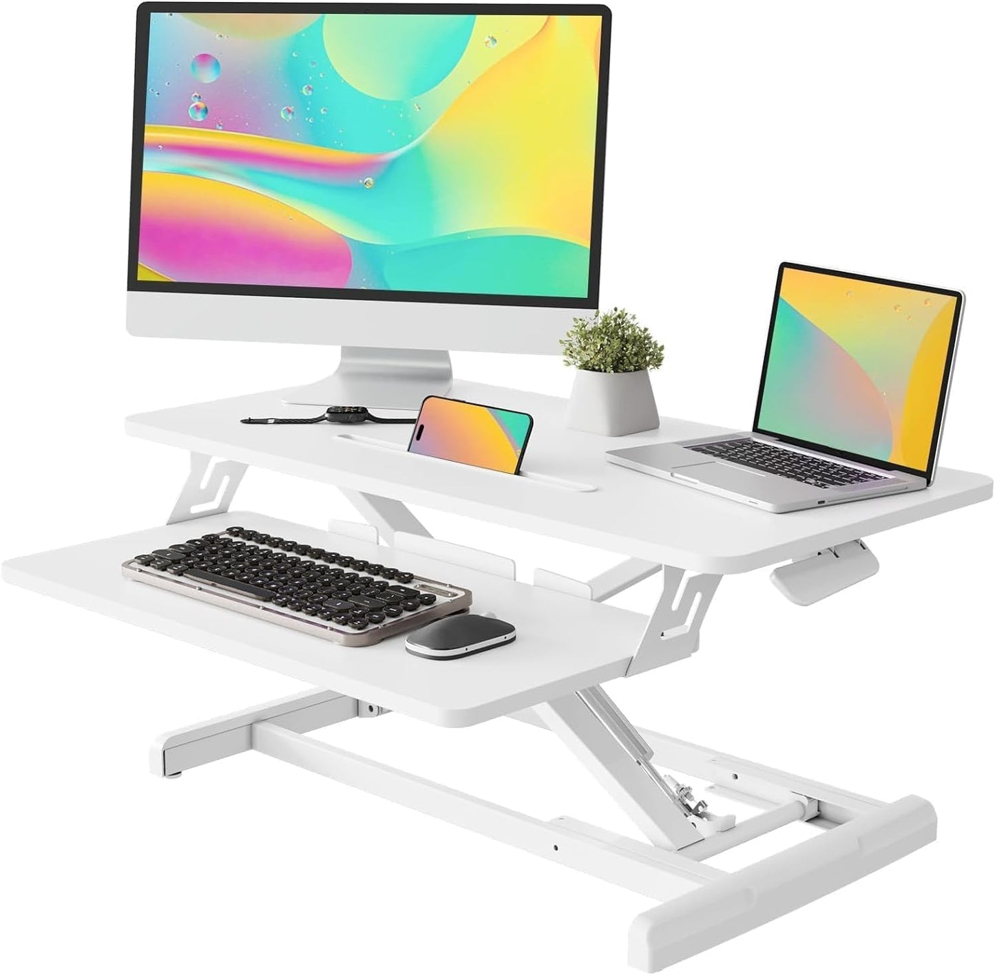 JOY worker Standing Desk Converter, 32" Wide Height Adjustable Sit Stand Up Desk Riser with Keyboard Tray, Desktop Workstation Riser for Home Office Computer Laptop, Particle Board, Black
