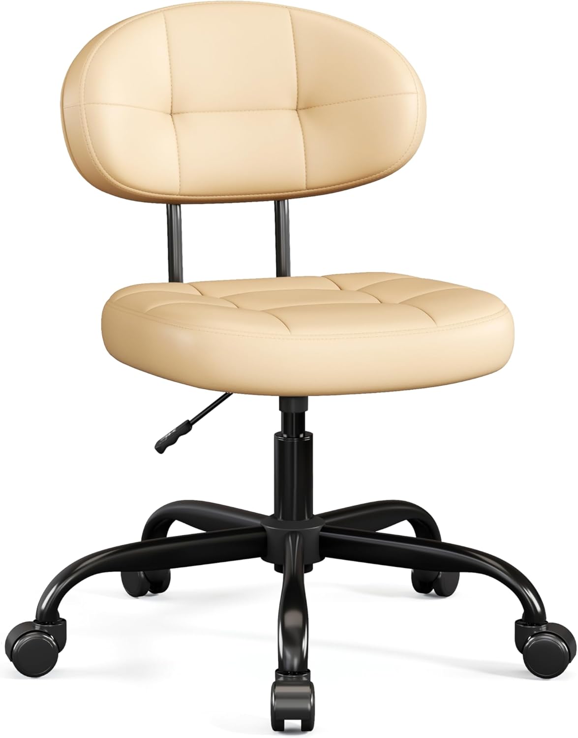 Misolant Vanity Chair with back, Small Armless Cute office Chair with wheels and Lumbar support, Comfy PU Leather Desk Computer Chairs with Adjustable Height, 360°Swivel for Home Bedroom Office, Black