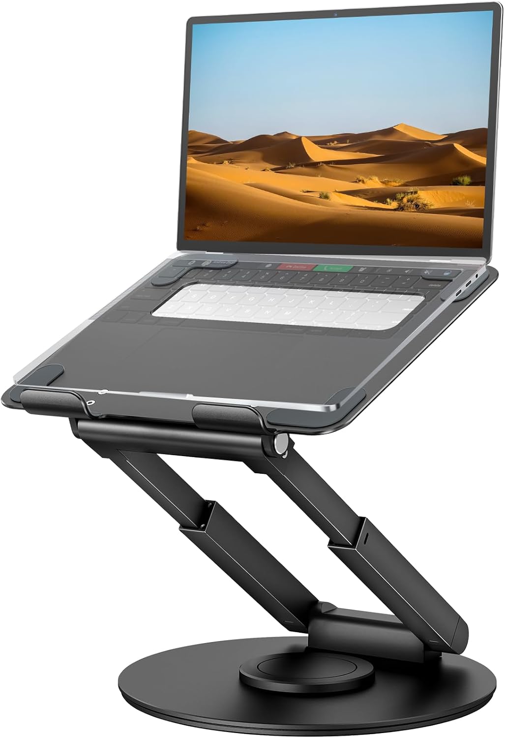 tounee Telescopic Laptop Stand for Desk with 360° Swivel Base, Sit to Stand, Height Adjustable, Portable Riser Holder for Good Posture, Compatible with MacBook Pro, All Laptops 10-17"-Gray