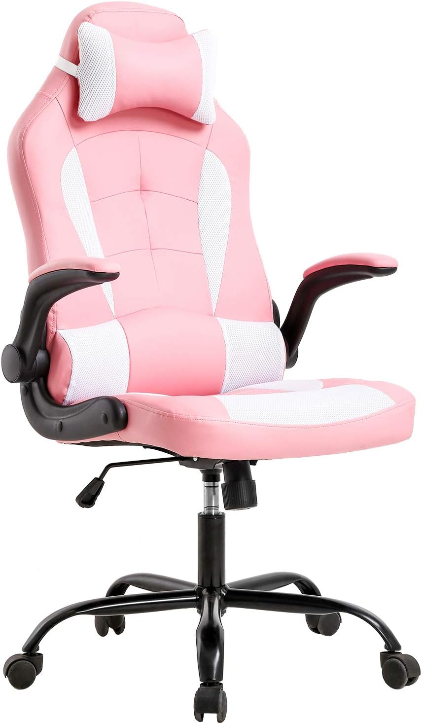 BestOffice PC Gaming Chair Ergonomic Office Chair Desk Chair with Lumbar Support Flip Up Arms Headrest PU Leather Executive High Back Computer Chair for Adults Women Men (White)