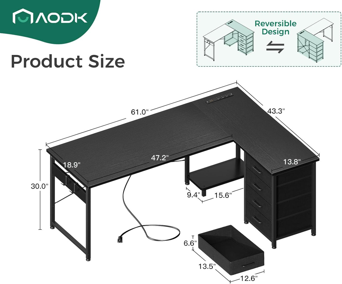 AODK L Shaped Gaming Desk with 4 Drawers, 61" Reversible Home Office Desks with Power Outlets, L Shaped Computer Desk with USB Charging Port and Host Stand, Corner Desk, Easy to Assemble, Black