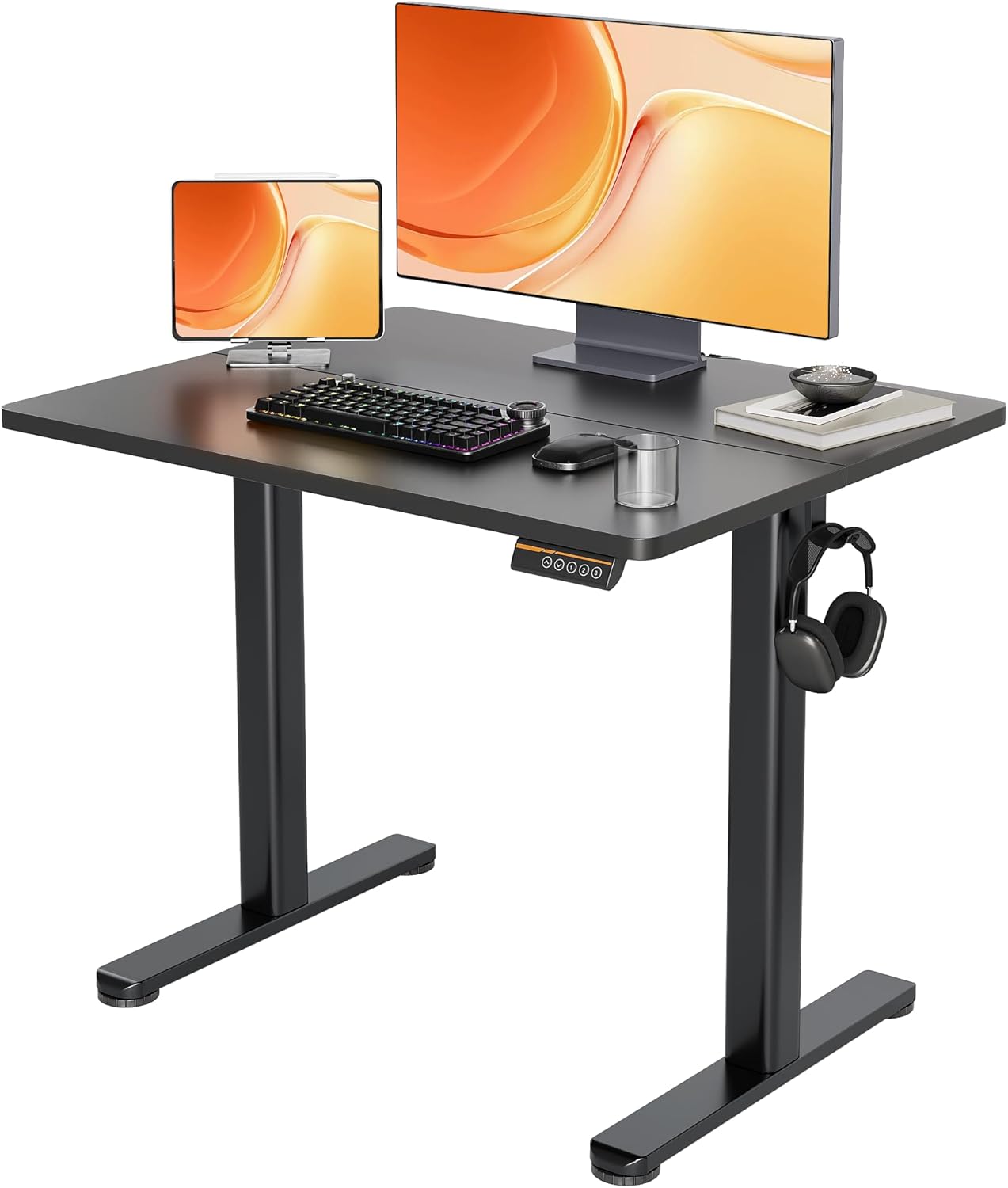 Claiks Electric Standing Desk, Adjustable Height Stand up Desk, 24x48 Inches Sit Stand Home Office Desk with Splice Board, Black Frame/Rustic Brown Top