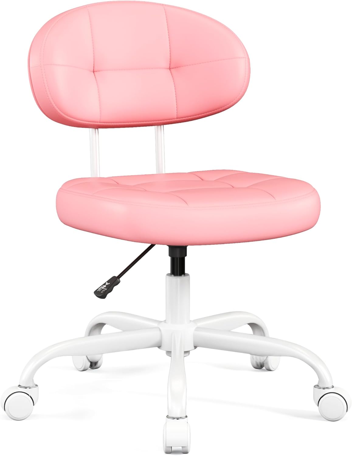 Misolant Vanity Chair with back, Small Armless Cute office Chair with wheels and Lumbar support, Comfy PU Leather Desk Computer Chairs with Adjustable Height, 360°Swivel for Home Bedroom Office, Black