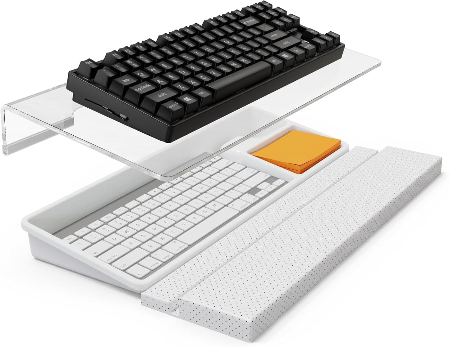 Compact Keyboard Stand w/Silicone Wrist Rest & 3-Level Height Adjustment, Klearlook Acrylic 16.85 x 5.5 inches Space-Saving Computer Keyboard Riser w/Storage Slot for Comfortable Typing - Black