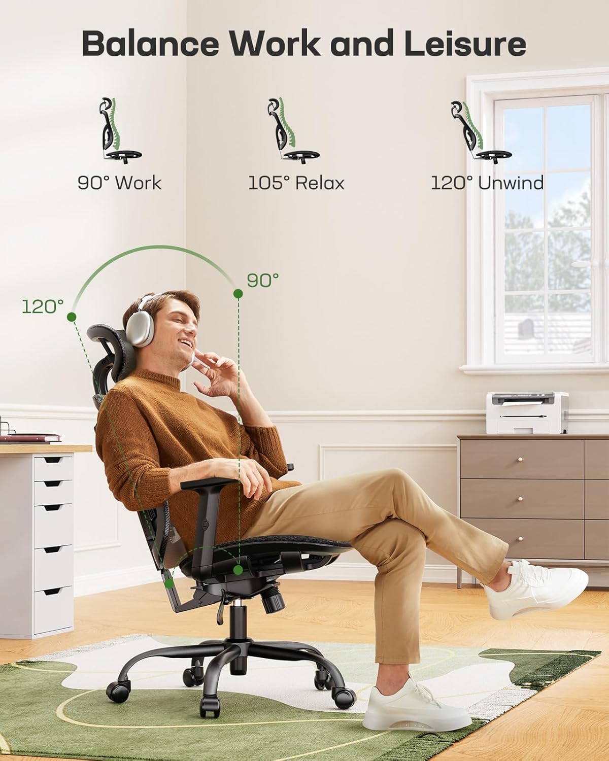 Marsail Ergonomic Mesh Office Chair: Mesh Computer Desk Chair with Adjustable Lumbar Support, 2D Headrest & Up and Down Armrest, Ergonomic Gaming Chair for Home Office, Black