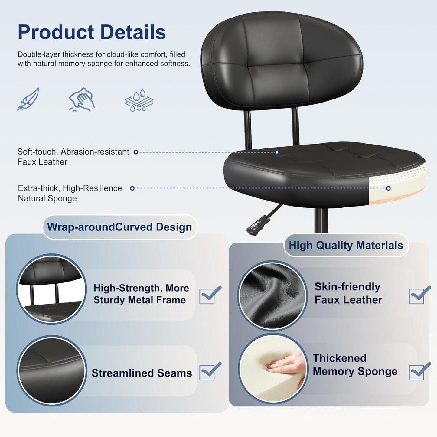 Misolant Vanity Chair with back, Small Armless Cute office Chair with wheels and Lumbar support, Comfy PU Leather Desk Computer Chairs with Adjustable Height, 360°Swivel for Home Bedroom Office, Black