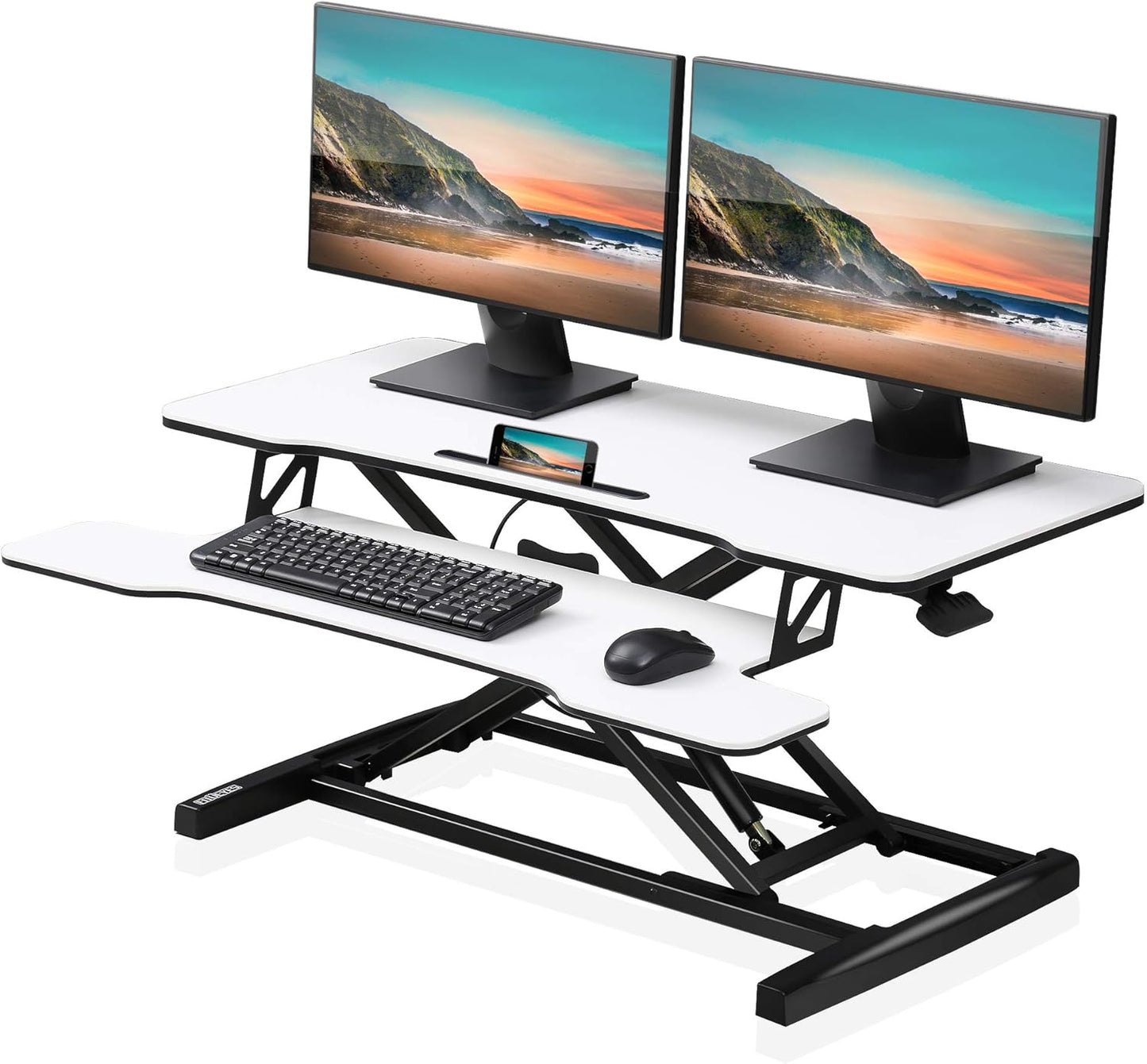 FITUEYES Height Adjustable Standing Desk 32” Wide Sit to Stand Converter Stand Up Desk Tabletop Workstation for Dual Monitor Riser FSD308001WB