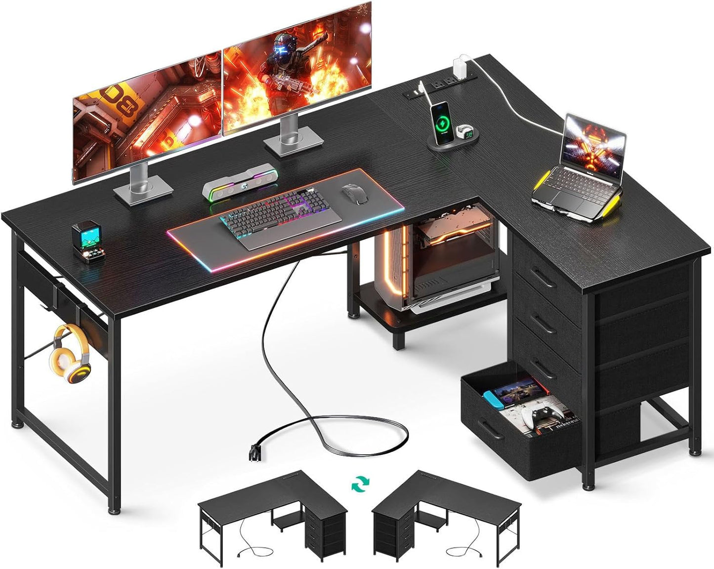 AODK L Shaped Gaming Desk with 4 Drawers, 61" Reversible Home Office Desks with Power Outlets, L Shaped Computer Desk with USB Charging Port and Host Stand, Corner Desk, Easy to Assemble, Black