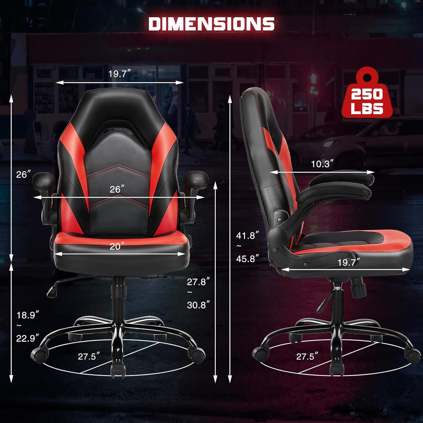 DUMOS Ergonomic Computer Gaming Chair - Home Office Desk with PU Leather Lumbar Support, Height Adjustable Big and Tall Video Game with Flip-up Armrest, Swivel Wheels for Adults and Teens