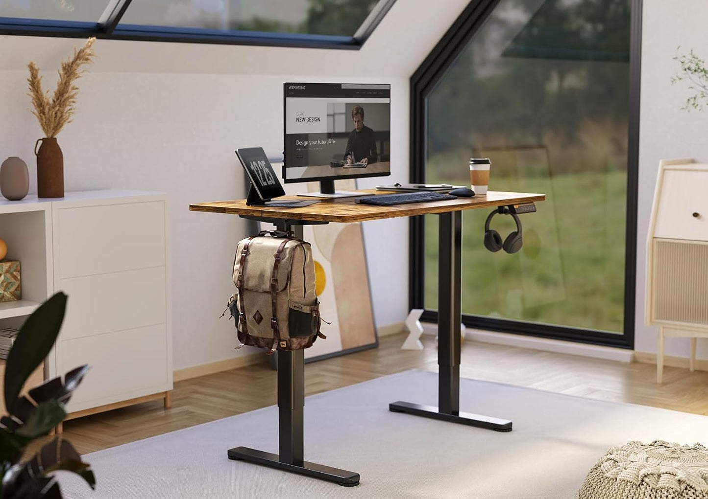 Claiks Electric Standing Desk, Adjustable Height Stand up Desk, 24x48 Inches Sit Stand Home Office Desk with Splice Board, Black Frame/Rustic Brown Top