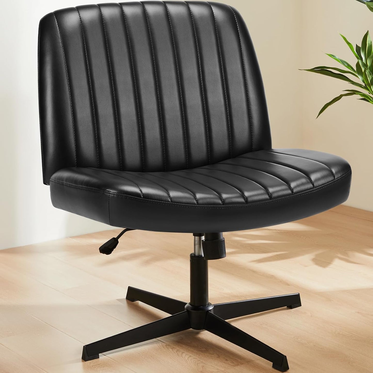 Sweetcrispy Criss Cross Chair Legged, Armless Office Wide Desk Chair No Wheels, Swivel Vanity Height Adjustable Fabric Modern Computer Task Seating for Home - Blue