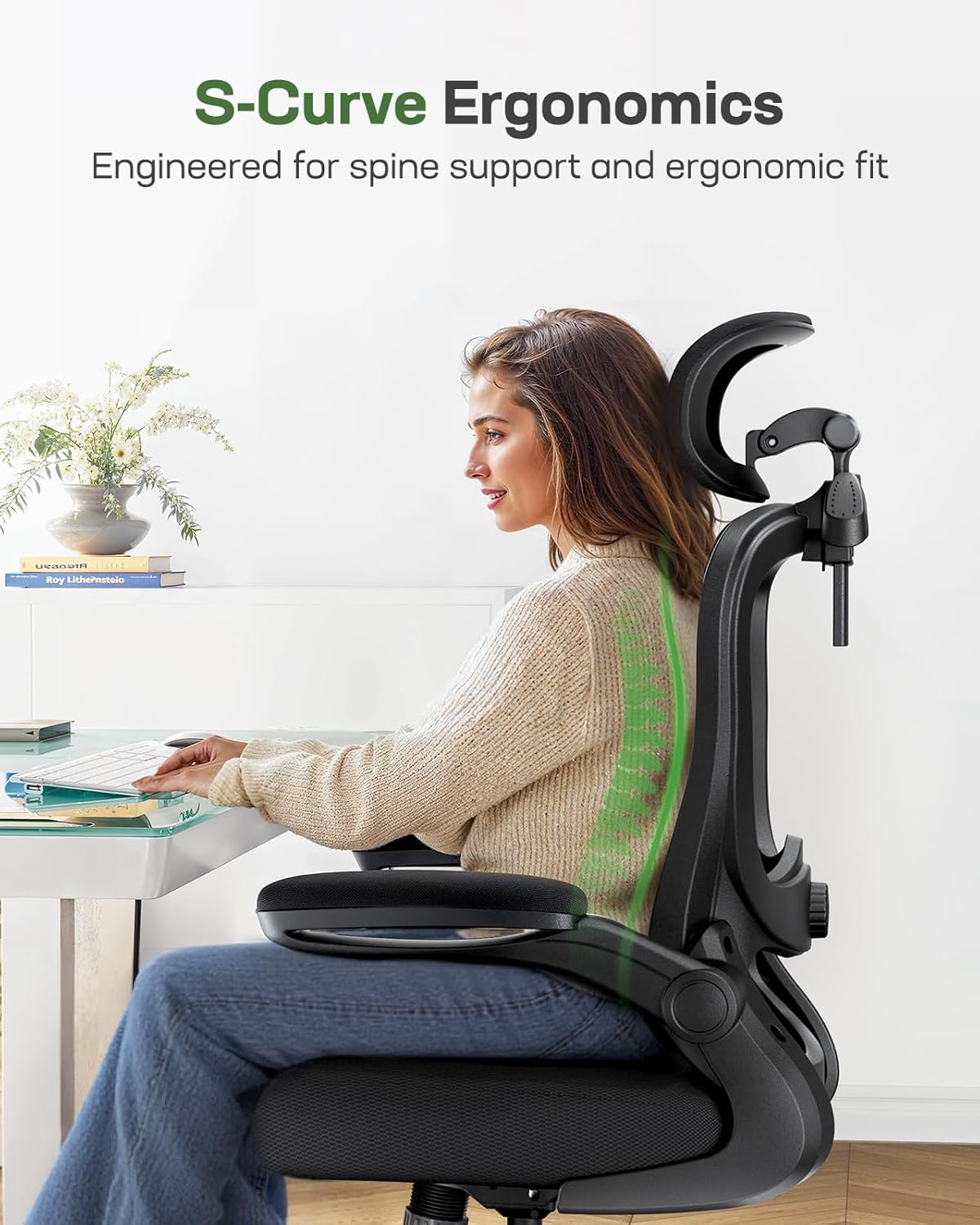 Marsail Ergonomic Office Chair: Ergonomic Gaming Chair with 3D Headrest, 3D Lumbar Support, Flip-up Armrests, High Back Adjustable Desk Chair with 90-120° Tilt Lock, Thick Cushion (Black)