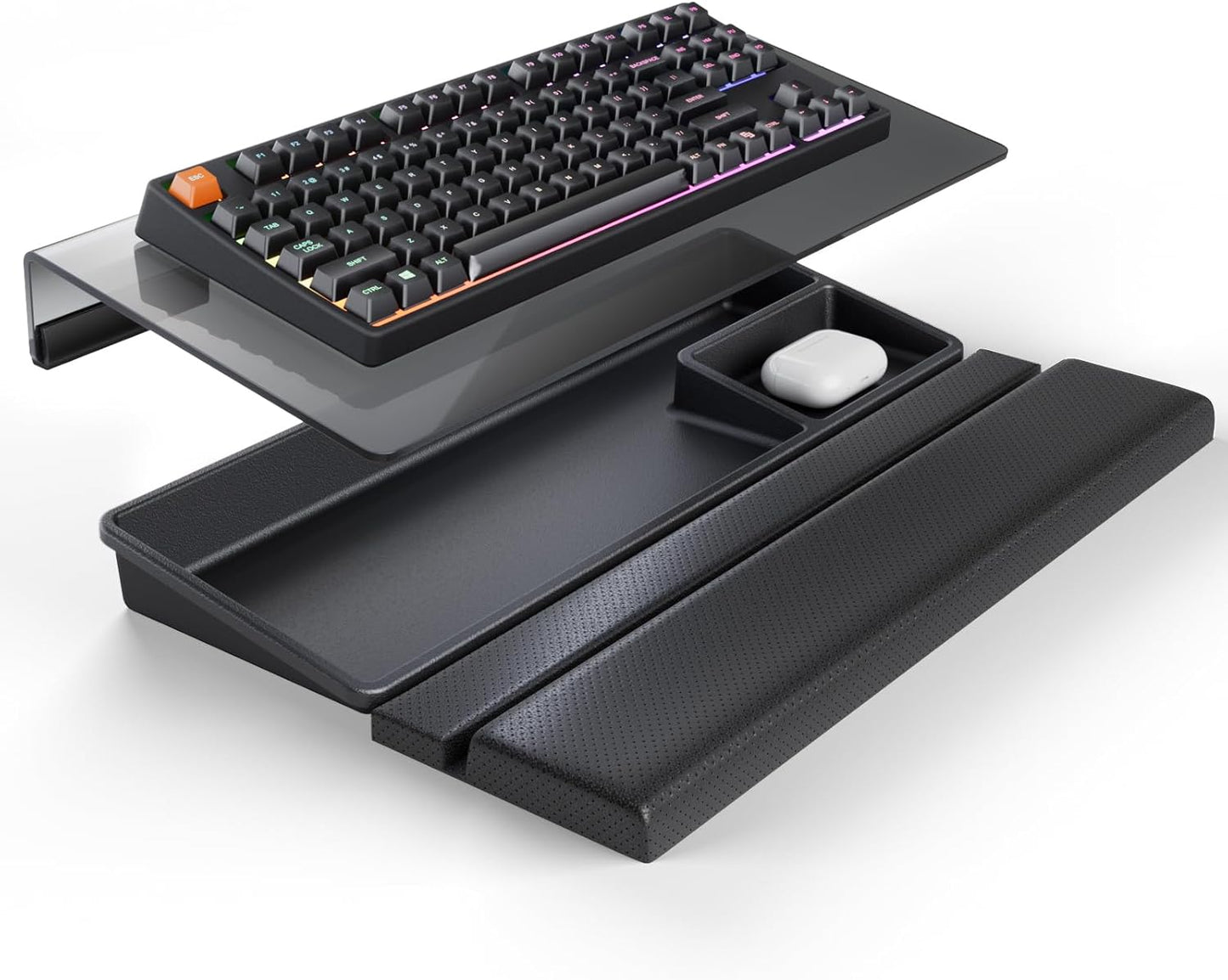 Compact Keyboard Stand w/Silicone Wrist Rest & 3-Level Height Adjustment, Klearlook Acrylic 16.85 x 5.5 inches Space-Saving Computer Keyboard Riser w/Storage Slot for Comfortable Typing - Black