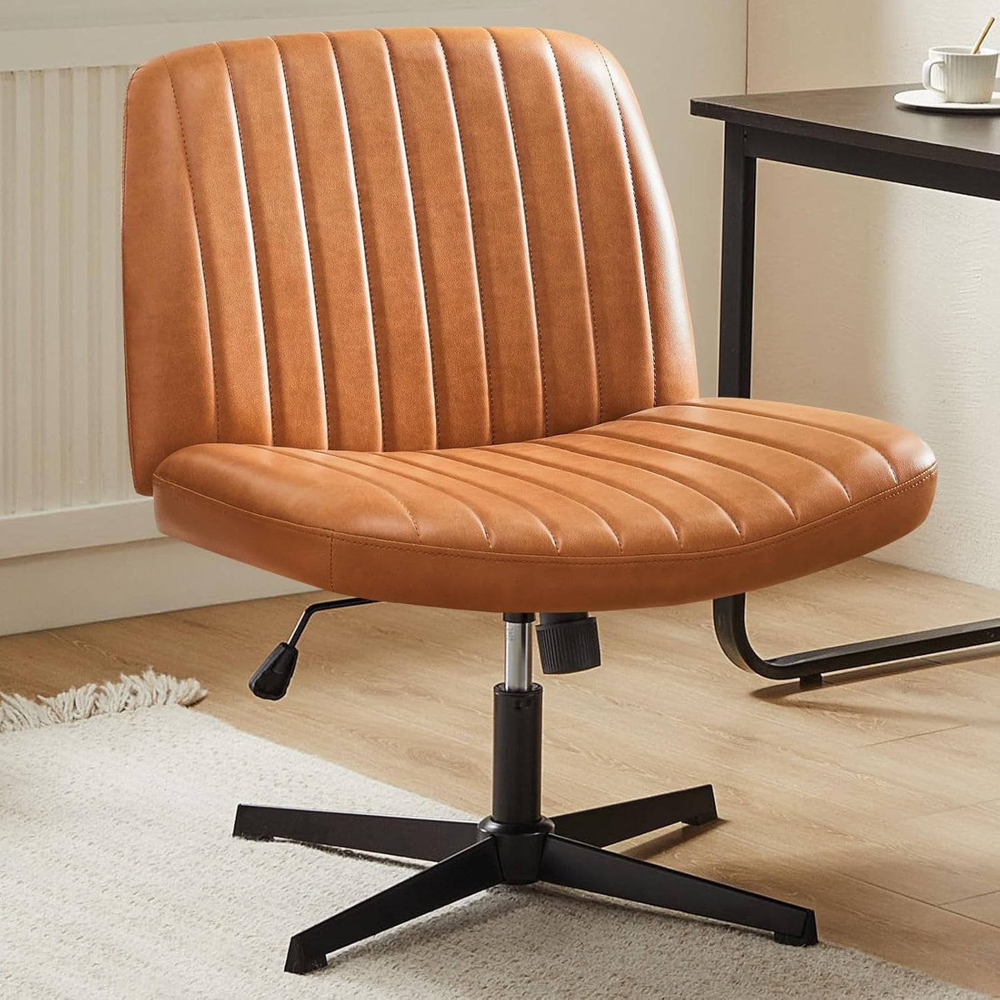 Sweetcrispy Criss Cross Chair Legged, Armless Office Wide Desk Chair No Wheels, Swivel Vanity Height Adjustable Fabric Modern Computer Task Seating for Home - Blue