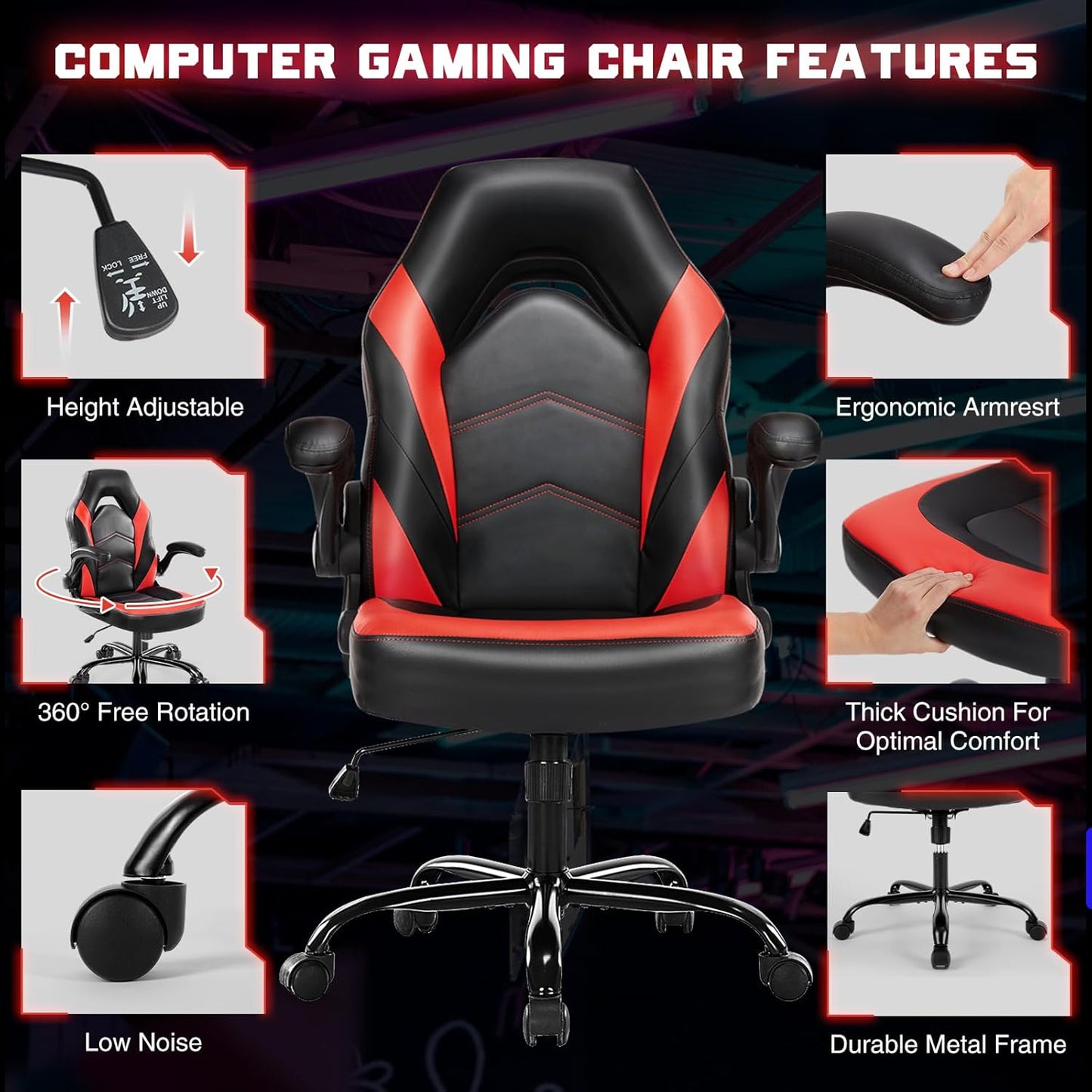 DUMOS Ergonomic Computer Gaming Chair - Home Office Desk with PU Leather Lumbar Support, Height Adjustable Big and Tall Video Game with Flip-up Armrest, Swivel Wheels for Adults and Teens