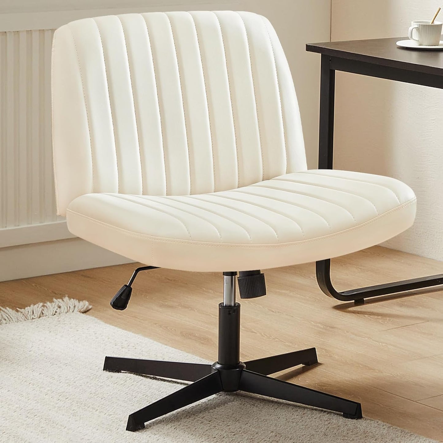 Sweetcrispy Criss Cross Chair Legged, Armless Office Wide Desk Chair No Wheels, Swivel Vanity Height Adjustable Fabric Modern Computer Task Seating for Home - Blue
