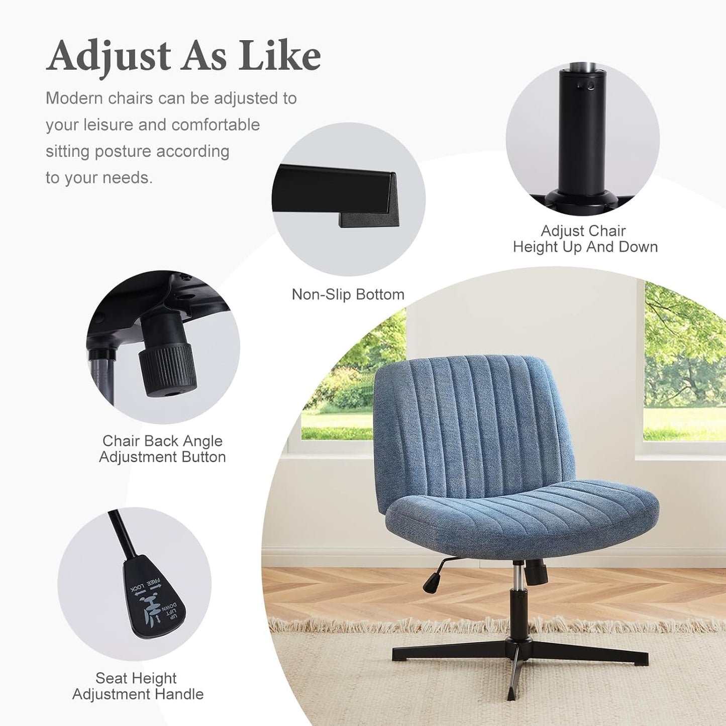 Sweetcrispy Criss Cross Chair Legged, Armless Office Wide Desk Chair No Wheels, Swivel Vanity Height Adjustable Fabric Modern Computer Task Seating for Home - Blue