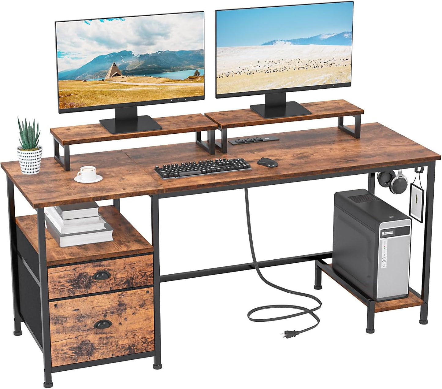 Furologee 47" Computer Desk with File Cabinet and Power Outlets, Home Office Desk with 2 Monitor Stands and Storage Drawer, Writing Gaming Table with Shelves and 2 Hooks for Bedroom, Rustic Brown