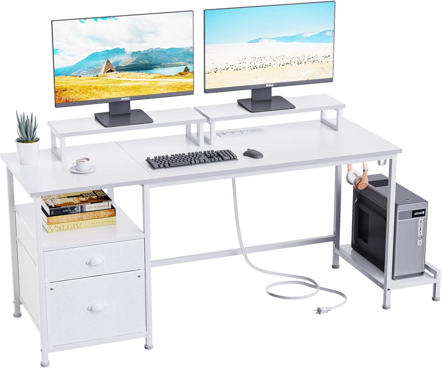 Furologee 47" Computer Desk with File Cabinet and Power Outlets, Home Office Desk with 2 Monitor Stands and Storage Drawer, Writing Gaming Table with Shelves and 2 Hooks for Bedroom, Rustic Brown