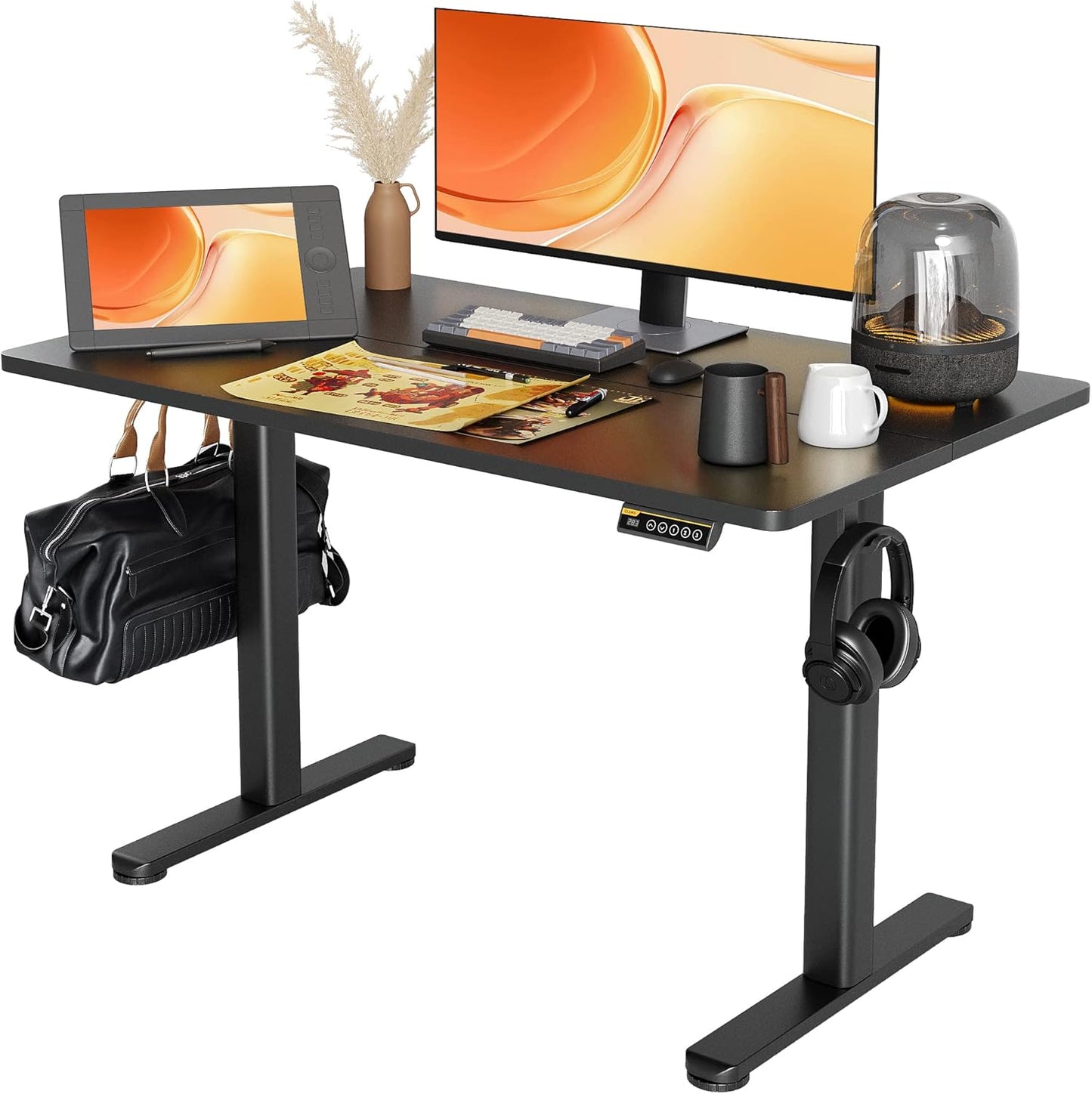 Claiks Electric Standing Desk, Adjustable Height Stand up Desk, 24x48 Inches Sit Stand Home Office Desk with Splice Board, Black Frame/Rustic Brown Top