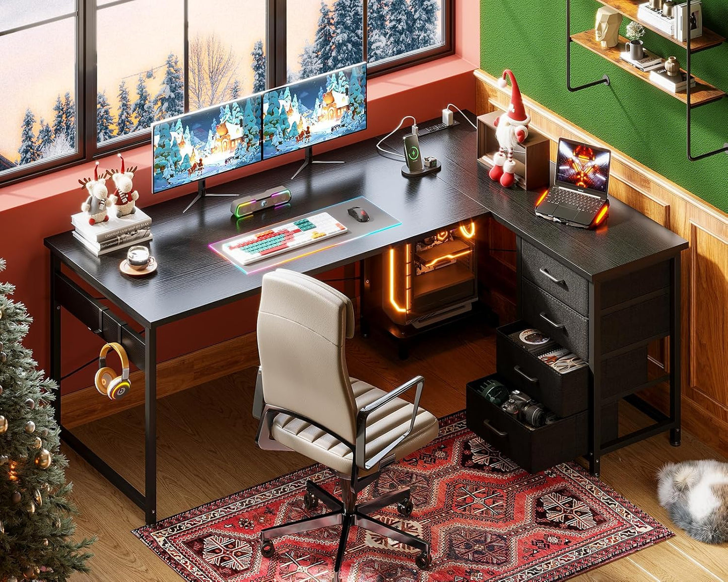 AODK L Shaped Gaming Desk with 4 Drawers, 61" Reversible Home Office Desks with Power Outlets, L Shaped Computer Desk with USB Charging Port and Host Stand, Corner Desk, Easy to Assemble, Black