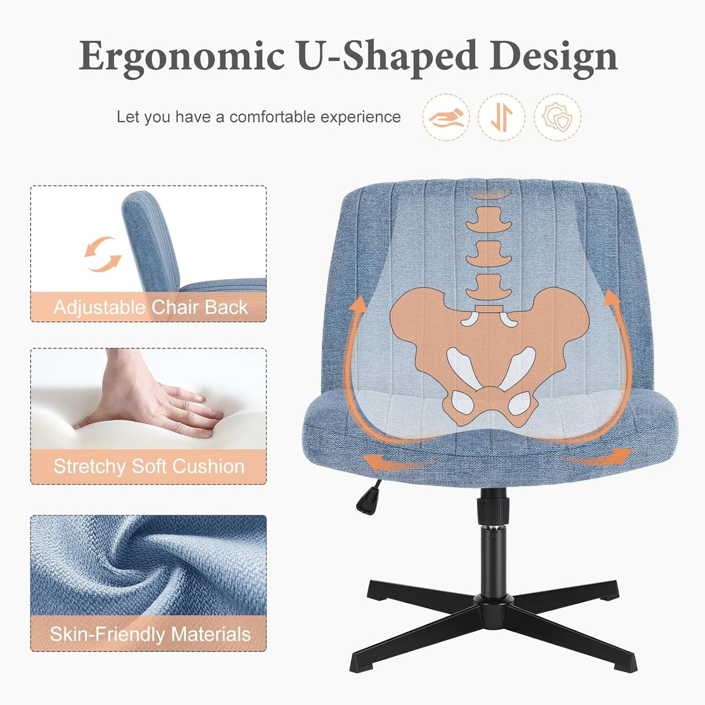 Sweetcrispy Criss Cross Chair Legged, Armless Office Wide Desk Chair No Wheels, Swivel Vanity Height Adjustable Fabric Modern Computer Task Seating for Home - Blue