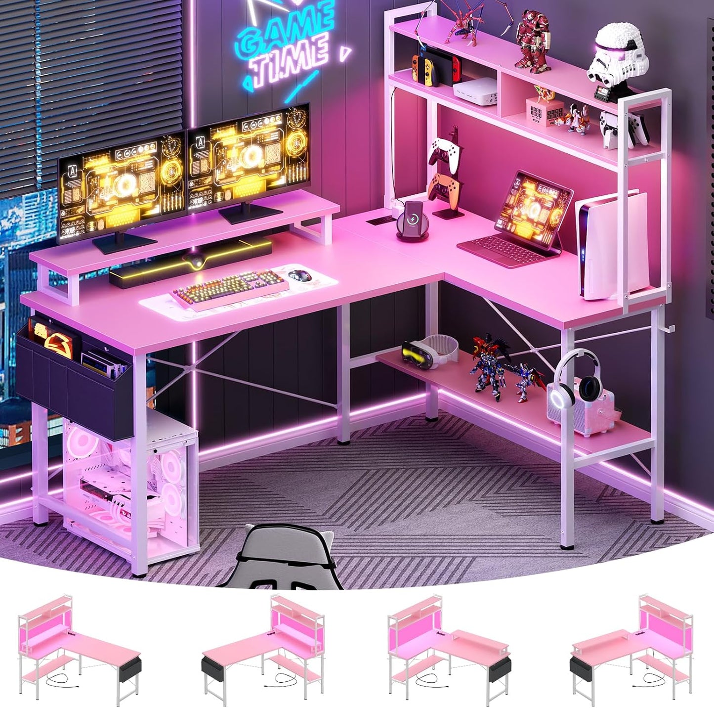 Aheaplus L Shaped Gaming Desk with Power Outlets & LED Lights, Small L- Shaped Desk Computer Corner Desk with Monitor Stand & Storage Shelf, Home Office Desk Writing Desk with Storage Bag, Black