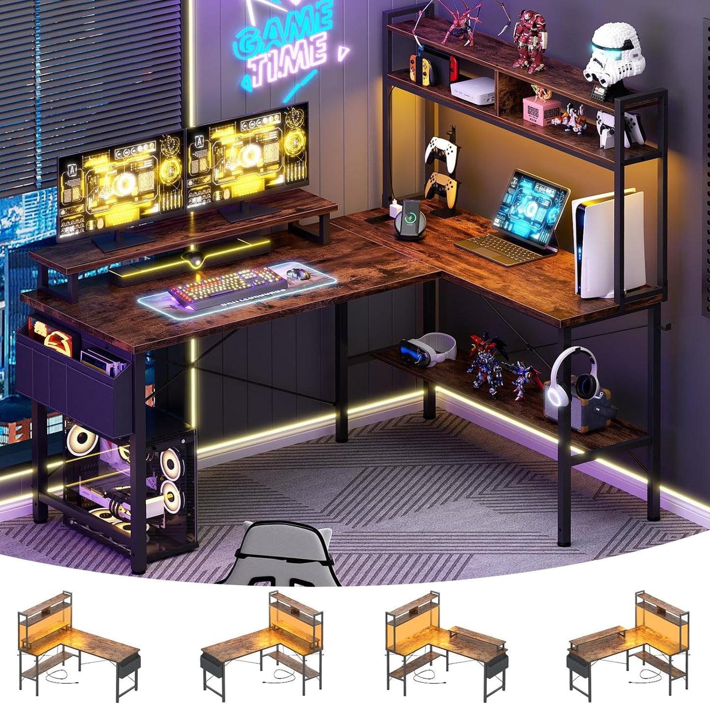 Aheaplus L Shaped Gaming Desk with Power Outlets & LED Lights, Small L- Shaped Desk Computer Corner Desk with Monitor Stand & Storage Shelf, Home Office Desk Writing Desk with Storage Bag, Black