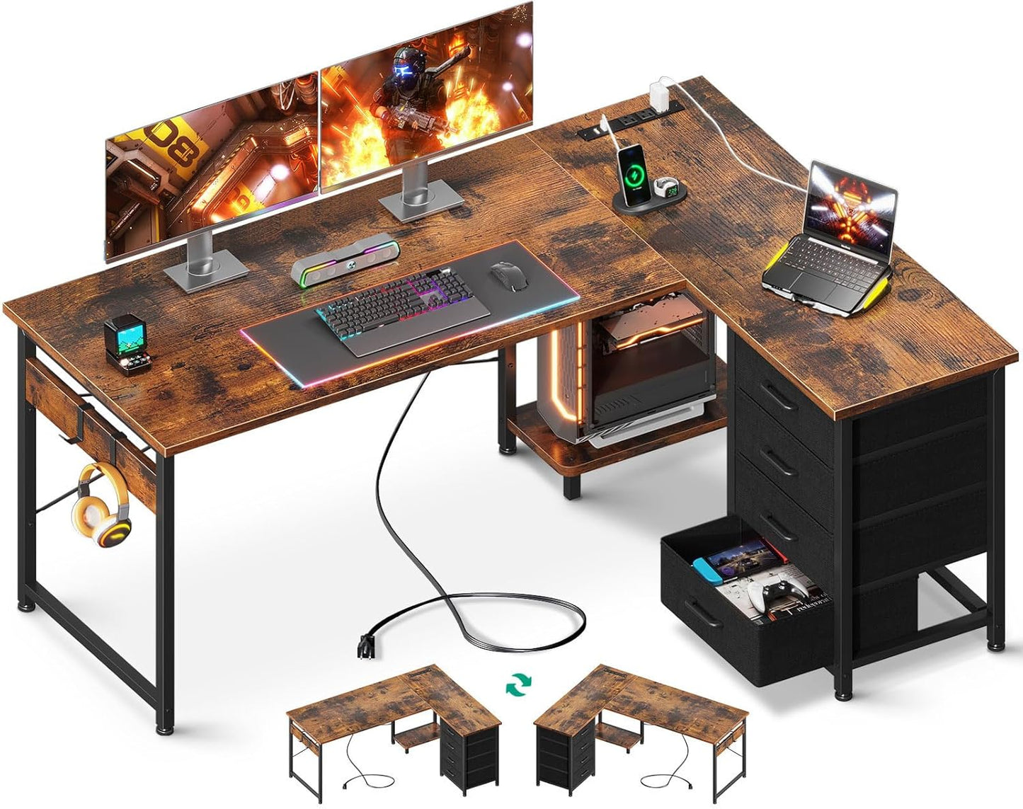 AODK L Shaped Gaming Desk with 4 Drawers, 61" Reversible Home Office Desks with Power Outlets, L Shaped Computer Desk with USB Charging Port and Host Stand, Corner Desk, Easy to Assemble, Black