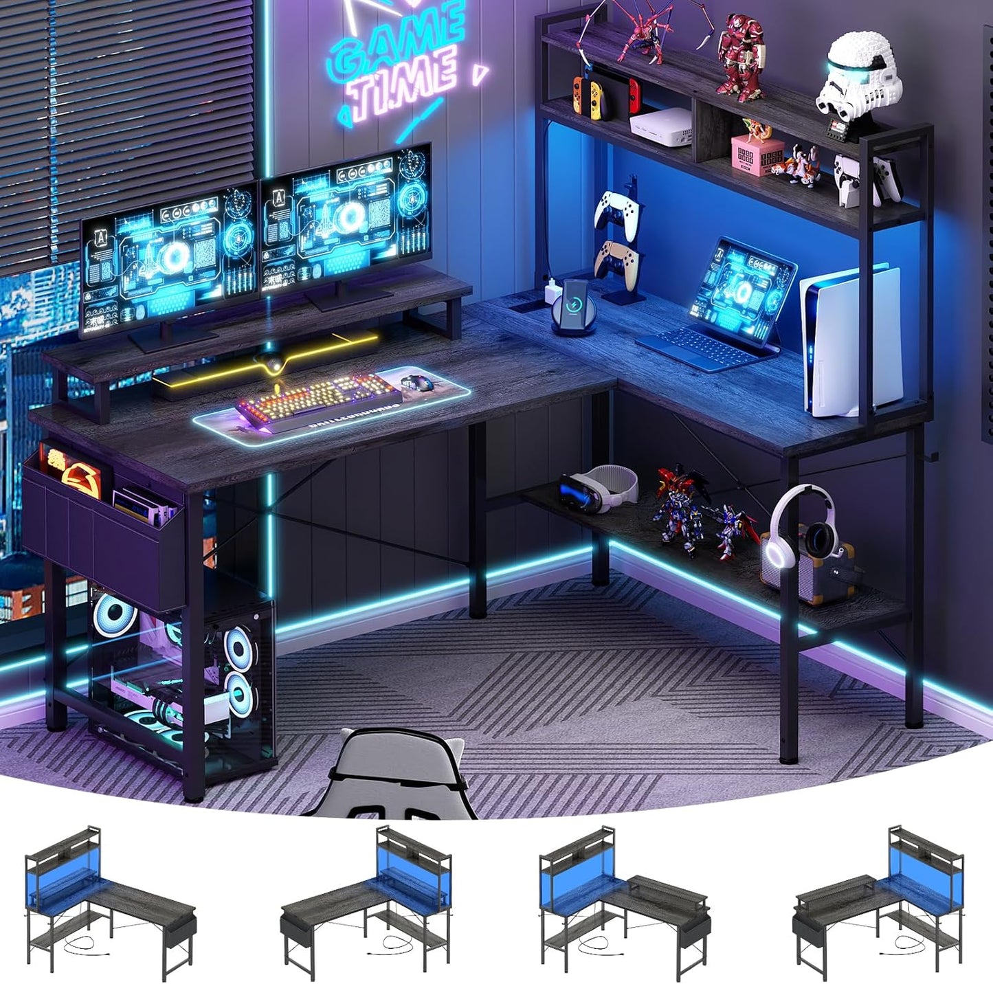 Aheaplus L Shaped Gaming Desk with Power Outlets & LED Lights, Small L- Shaped Desk Computer Corner Desk with Monitor Stand & Storage Shelf, Home Office Desk Writing Desk with Storage Bag, Black