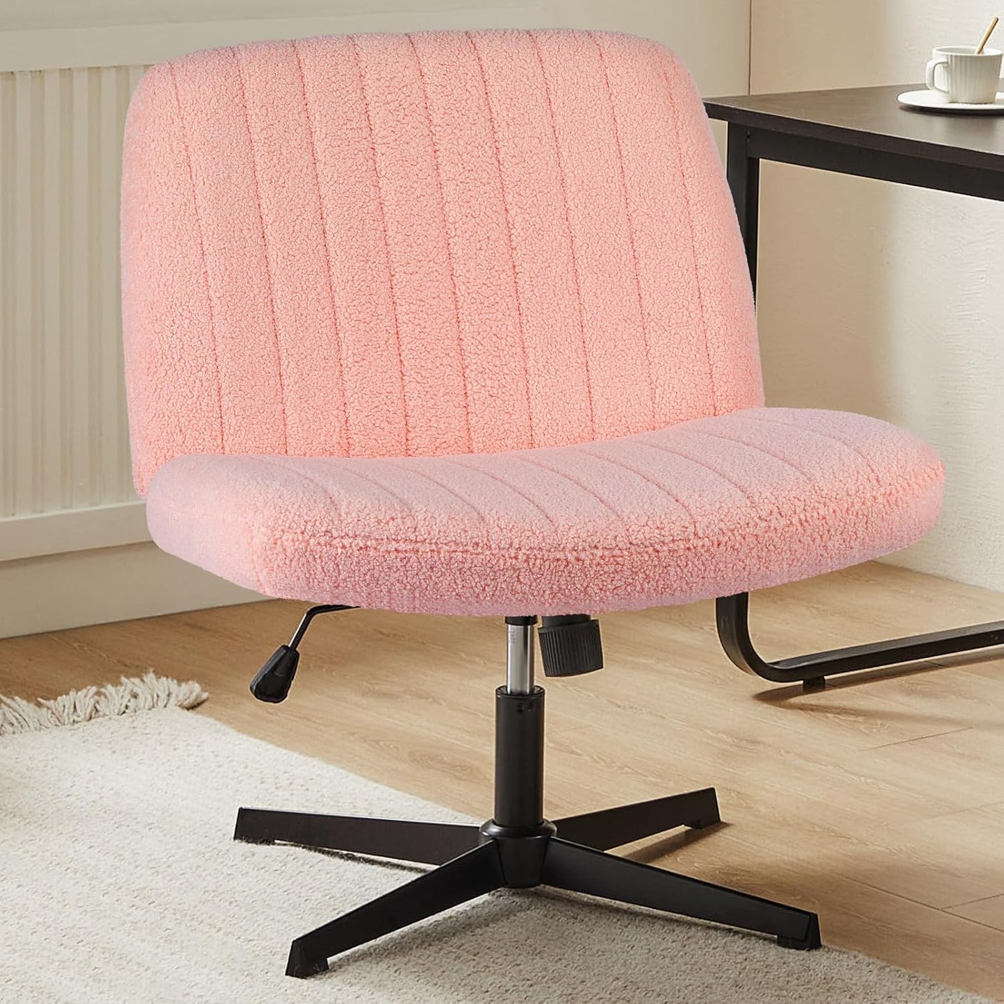 Sweetcrispy Criss Cross Chair Legged, Armless Office Wide Desk Chair No Wheels, Swivel Vanity Height Adjustable Fabric Modern Computer Task Seating for Home - Blue