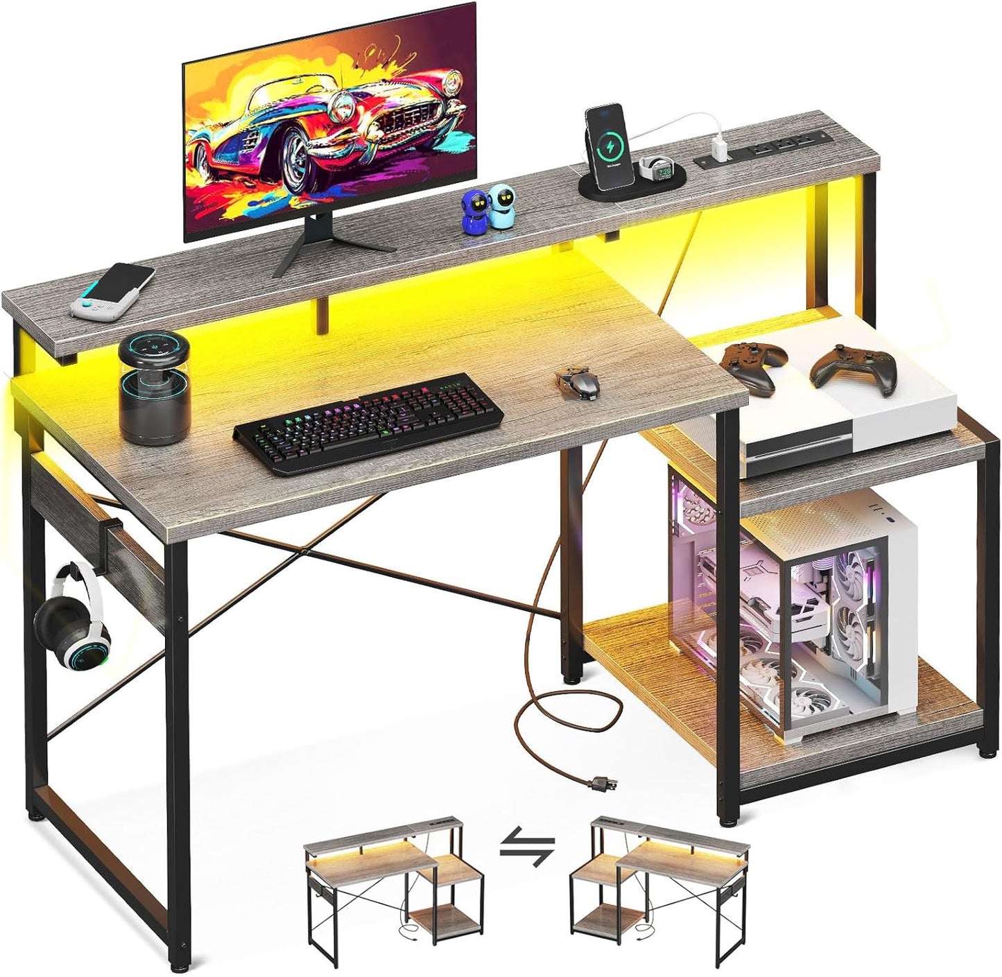 AODK Computer Desk, 48 Inch Gaming Desk with Led Lights & Power Outlet, Office Desk with Storage Shelves, Reversible Desk with Monitor Shelf & Headphone Hook, Carbon Fiber Black