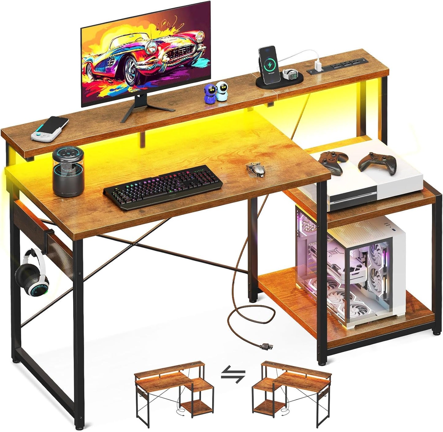 AODK Computer Desk, 48 Inch Gaming Desk with Led Lights & Power Outlet, Office Desk with Storage Shelves, Reversible Desk with Monitor Shelf & Headphone Hook, Carbon Fiber Black