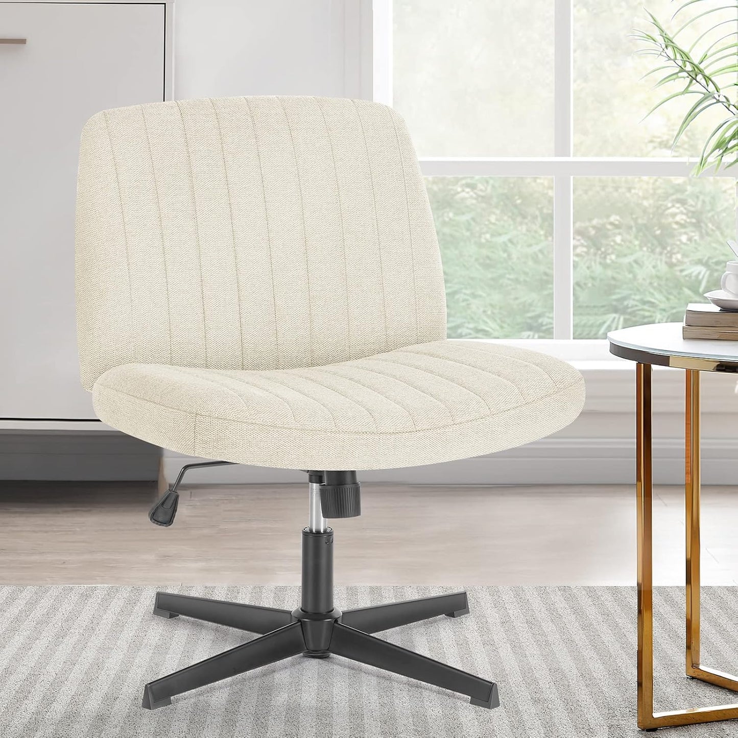 Sweetcrispy Criss Cross Chair Legged, Armless Office Wide Desk Chair No Wheels, Swivel Vanity Height Adjustable Fabric Modern Computer Task Seating for Home - Blue