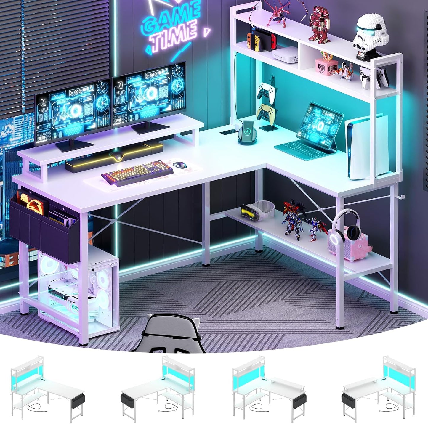 Aheaplus L Shaped Gaming Desk with Power Outlets & LED Lights, Small L- Shaped Desk Computer Corner Desk with Monitor Stand & Storage Shelf, Home Office Desk Writing Desk with Storage Bag, Black