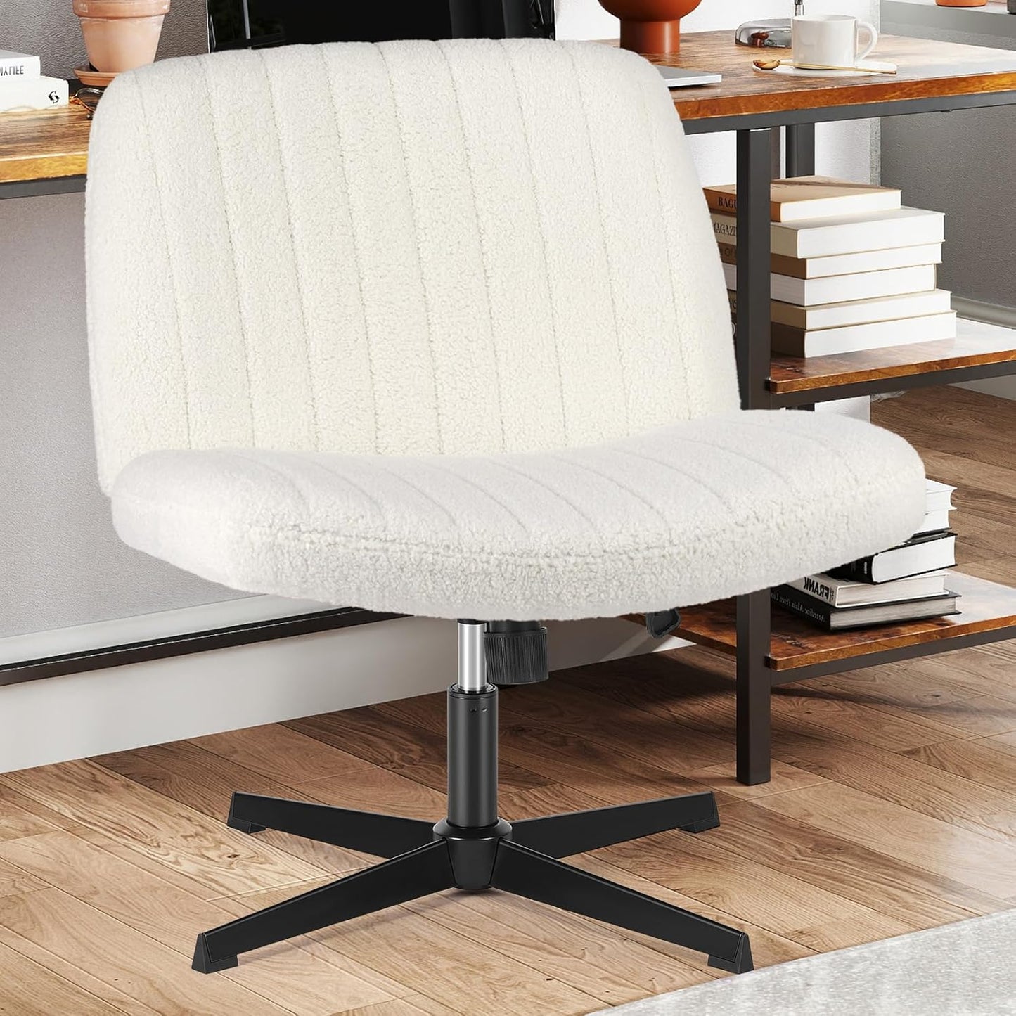 Sweetcrispy Criss Cross Chair Legged, Armless Office Wide Desk Chair No Wheels, Swivel Vanity Height Adjustable Fabric Modern Computer Task Seating for Home - Blue