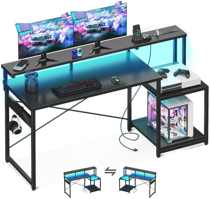 AODK Computer Desk, 48 Inch Gaming Desk with Led Lights & Power Outlet, Office Desk with Storage Shelves, Reversible Desk with Monitor Shelf & Headphone Hook, Carbon Fiber Black