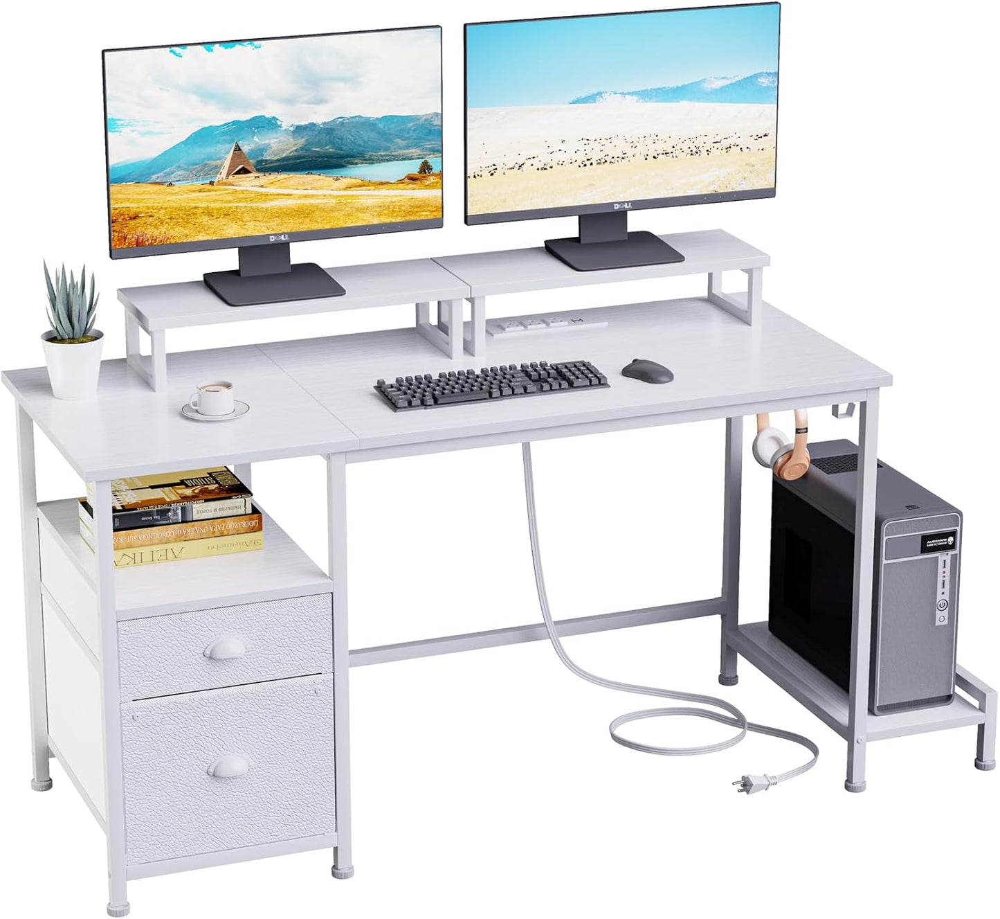 Furologee 47" Computer Desk with File Cabinet and Power Outlets, Home Office Desk with 2 Monitor Stands and Storage Drawer, Writing Gaming Table with Shelves and 2 Hooks for Bedroom, Rustic Brown