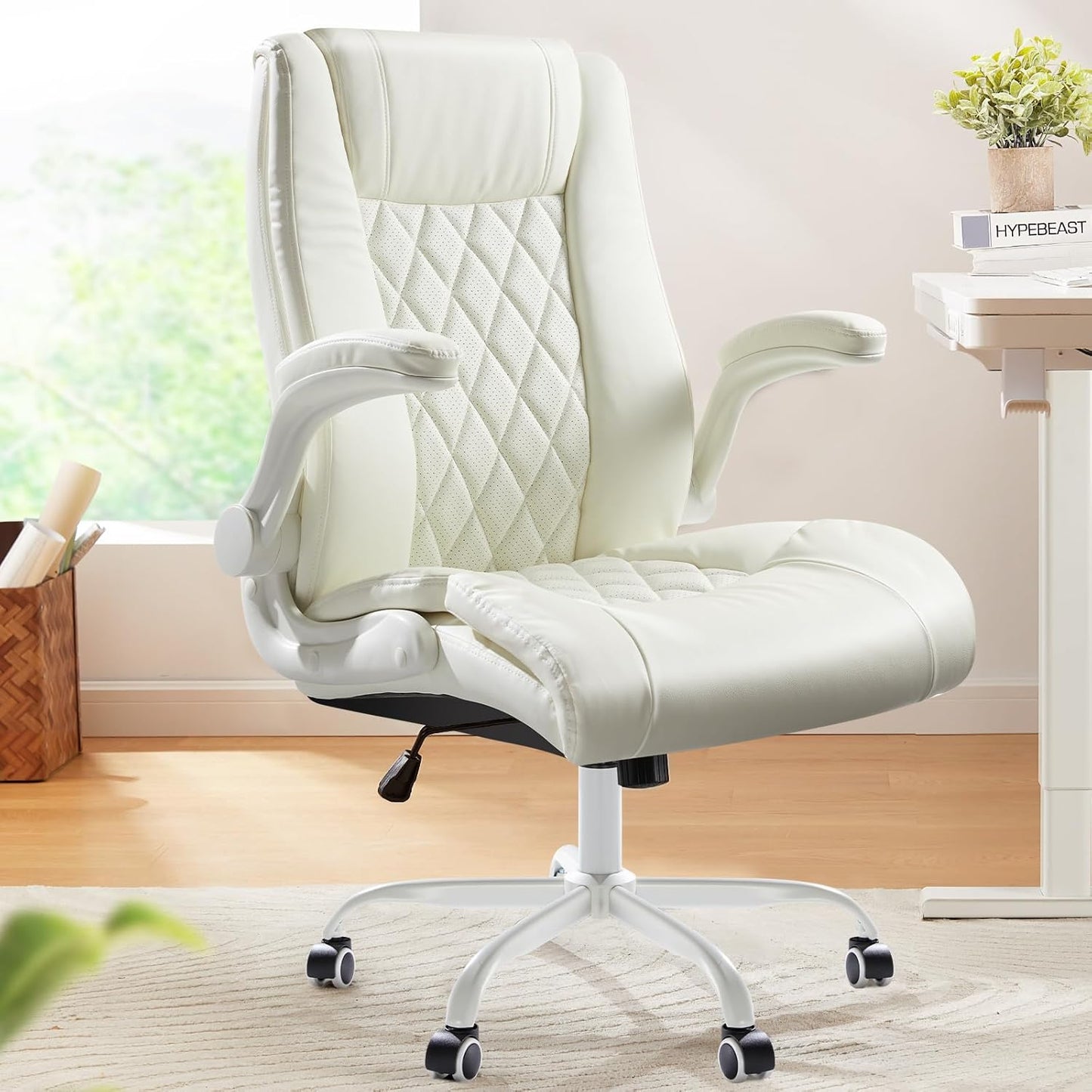 Marsail Executive Office Chair with Flip-up Armrests,PU Leather Ergonomic Desk Chair Height-Adjustable Swivel Rolling Computer Desk Chair,Black