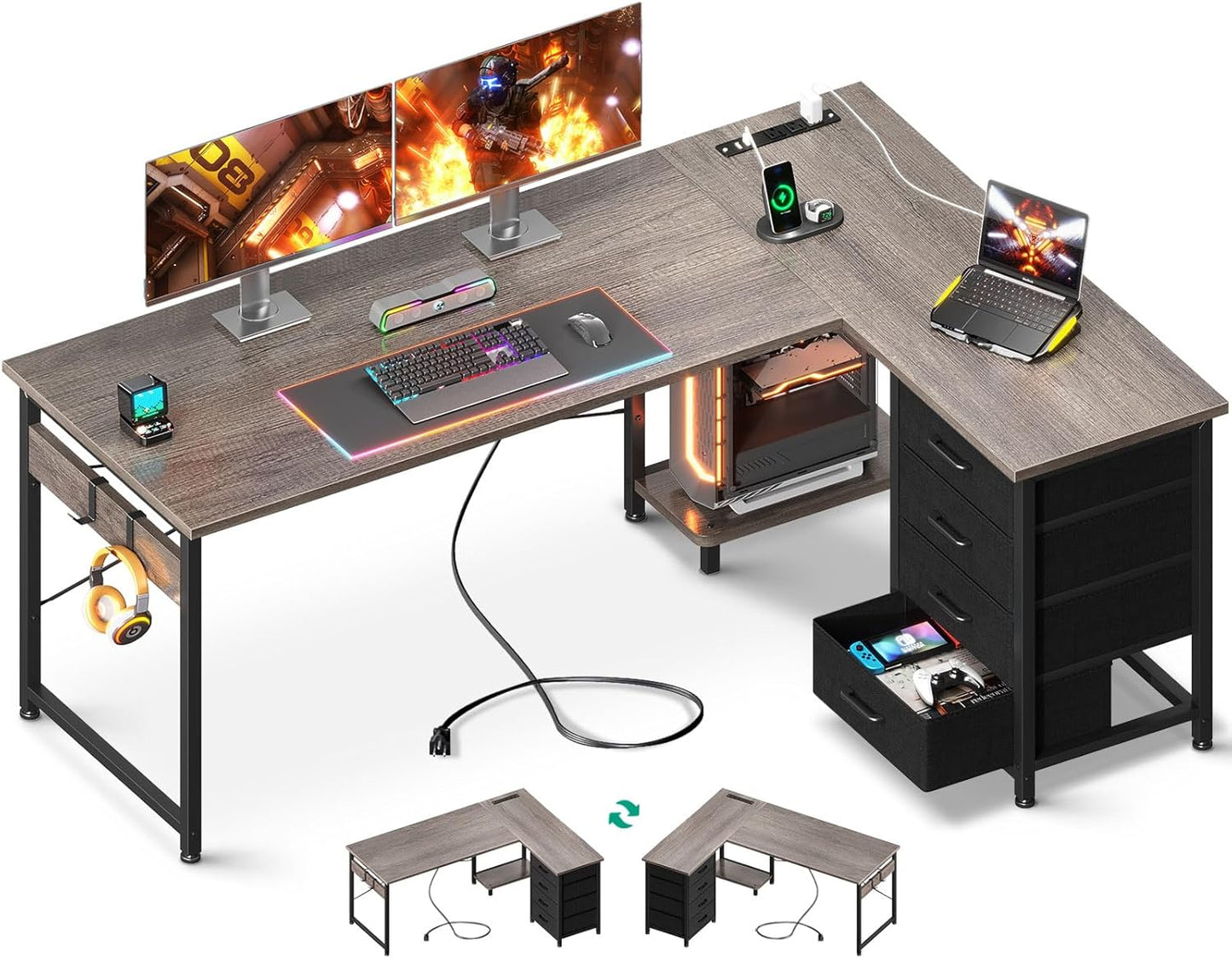AODK L Shaped Gaming Desk with 4 Drawers, 61" Reversible Home Office Desks with Power Outlets, L Shaped Computer Desk with USB Charging Port and Host Stand, Corner Desk, Easy to Assemble, Black