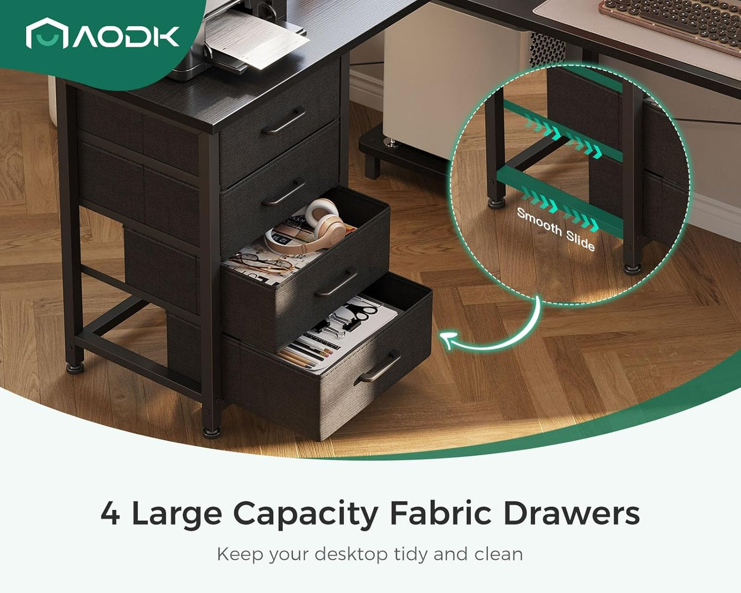 AODK L Shaped Gaming Desk with 4 Drawers, 61" Reversible Home Office Desks with Power Outlets, L Shaped Computer Desk with USB Charging Port and Host Stand, Corner Desk, Easy to Assemble, Black