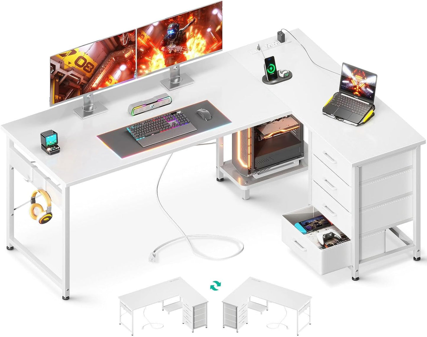 AODK L Shaped Gaming Desk with 4 Drawers, 61" Reversible Home Office Desks with Power Outlets, L Shaped Computer Desk with USB Charging Port and Host Stand, Corner Desk, Easy to Assemble, Black