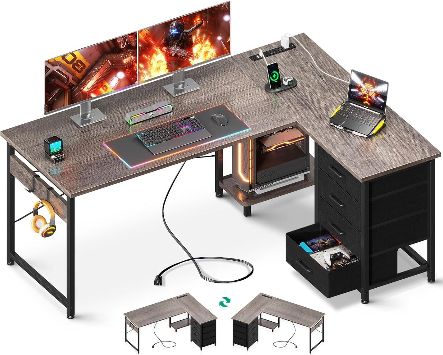 AODK L Shaped Gaming Desk with 4 Drawers, 61" Reversible Home Office Desks with Power Outlets, L Shaped Computer Desk with USB Charging Port and Host Stand, Corner Desk, Easy to Assemble, Black