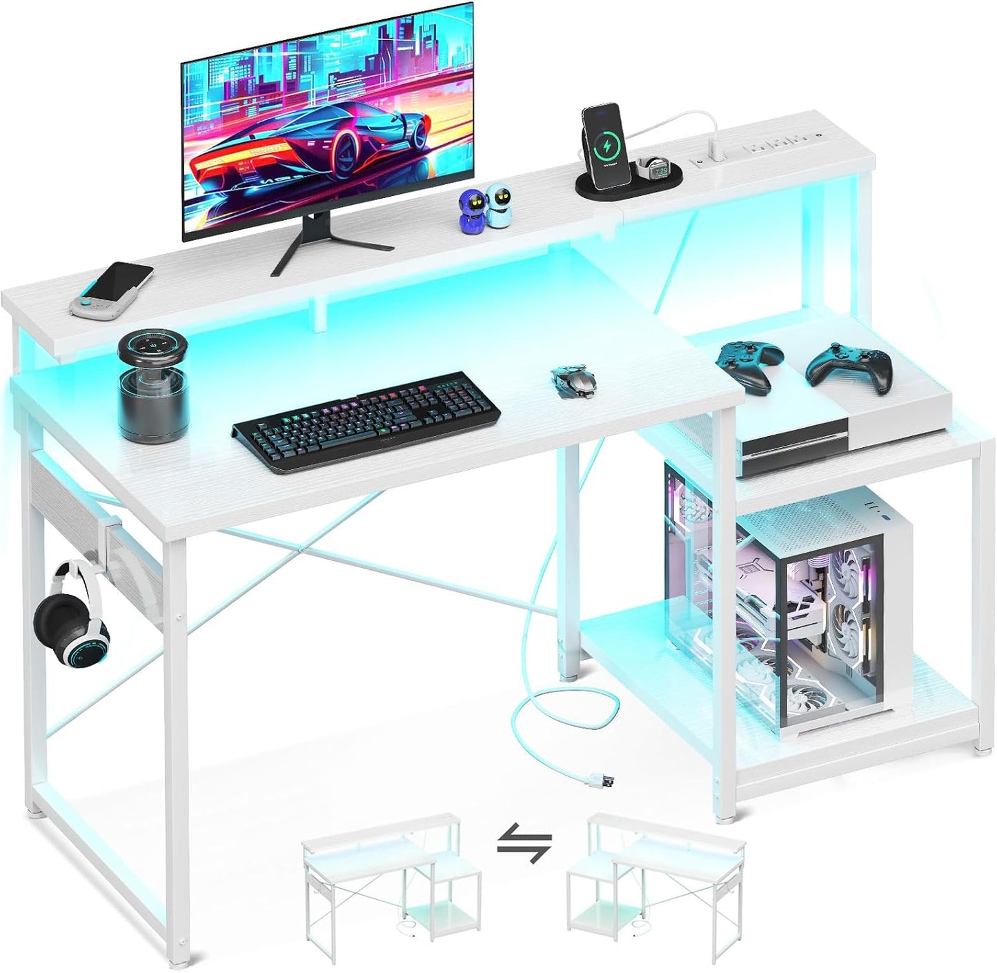 AODK Computer Desk, 48 Inch Gaming Desk with Led Lights & Power Outlet, Office Desk with Storage Shelves, Reversible Desk with Monitor Shelf & Headphone Hook, Carbon Fiber Black